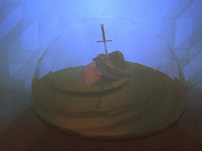 Sword in a stone 3d illustration low poly snowball stone sword