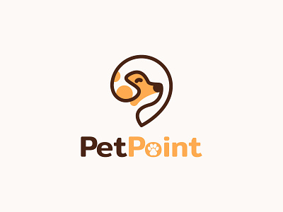 Pet and point logo animal care cartoon clinic cute dog dual meaning line locate location logo map navigation paw pet point pointer puppy shop store