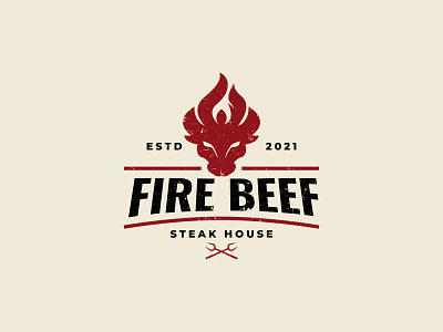 Fire beef logo barbecue bbq beef branding bull cafe design fire flame food grill head house logo restaurant retro steak vintage