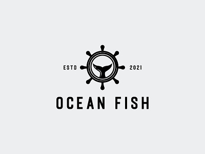 Ocean fish logo adventure badge branding classic cruise design fish ocean retro shark ship steering tail vector vintage wheel