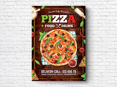Illustration of tasty pizza. Design template. Pizza box design