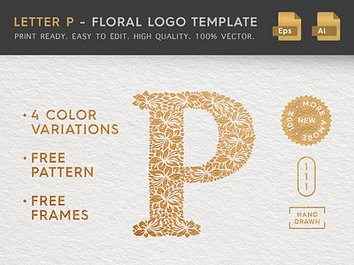 Floral Letter P Logo beauty logo brand delicate eps logo female logo feminine logo floral logo florist hand drawn hand drawn logo illustration label letter letter p logo logo design logo template sign stationery vector logo