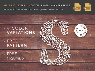 Wedding Letter S Cutter Paper Logo Template brand cut cute cutting floral logo flourish logo flower logo lace lace logo letter letter s logo template logotype miniature paper paper craft paperwork shape wedding wedding logo