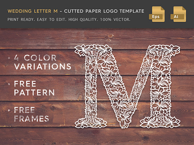 Wedding Letter M Cutter Paper Logo Template brand cut cute cutting floral logo flourish logo flower logo lace lace logo letter letter m logo template logotype miniature paper paper craft paperwork shape wedding wedding logo