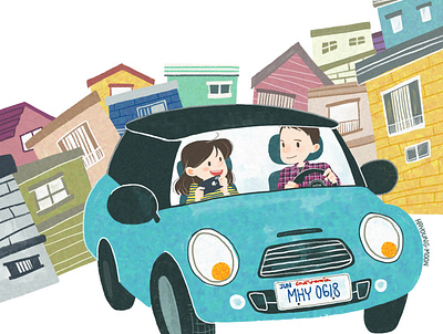 In Daly City, California caricature cartoon character couple date design drawing driving girl illustration illustrator man minicooper myself painting