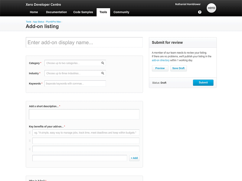 Add-on listing - Xero Developer Tools add on api create edit listing post tools ui ux xero