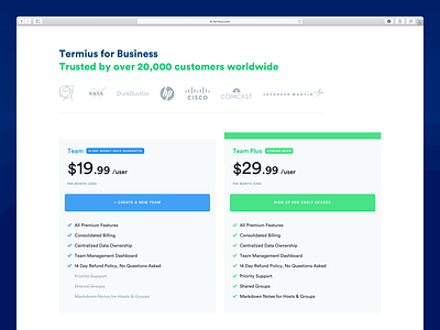 Termius - Pricing Page and Feature Comparison comparison design light price pricing pricing table saas subscription ui ux web white