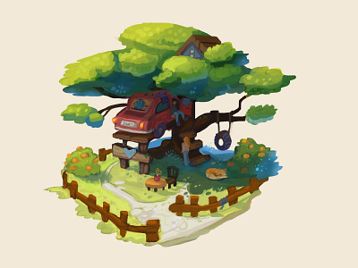 car tree house digital painting fantasy game art game artist illustration stylized