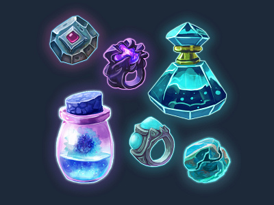 Magic Items digital painting fantasy game art game artist game dev game icons gem icon illustration item magic photoshop photoshop art potion ring stone unity wacom