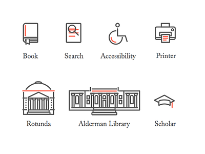 Digital Signage Icons accessibility book education iconography icons illustration library printer scholar search uva virginia
