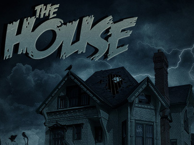 The House bird blue building clouds dark ghost horror house lightning manipulation matte night raven roof scary the house typography victorian windows