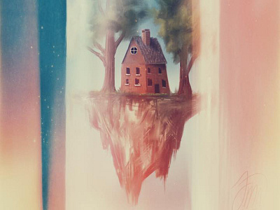 House And Two Trees fantasy floating house island light leak mountain rock sci fi trees