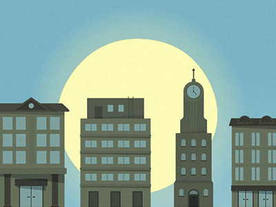 City buildings city clock door glow moon sky skyline sun vector windows