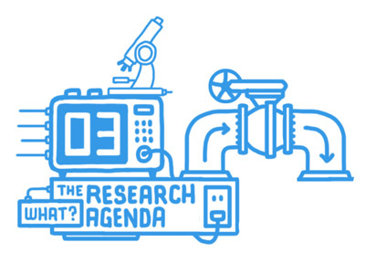 The Research Agenda blue button complex machine microscope outlines the research agenda tube what white wire