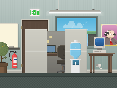 8-bit Office 8 bit 8 bit 8bit boss chair computer cubicle door exit fire extinguisher floor lamp laptop office painting pixel art pixelart plant post it room table water cooler white board window work