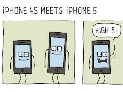 iPhone 4S Meets iPhone 5 apple cartoon comic gadget high 5 high five humor iphone iphone 4s iphone 5 joke personify power shut down smart phone smartphone spoof
