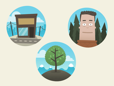 3 Icons circle circles city clouds hill hills icons leafs mountains nature person pine pines road round simple sky store tree trees vector