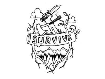 S U R V I V E arm axe clouds into the wild knife landscape leaves log logo macho male masculine mountains mushrooms nature outline pines seal stamp trunk wild
