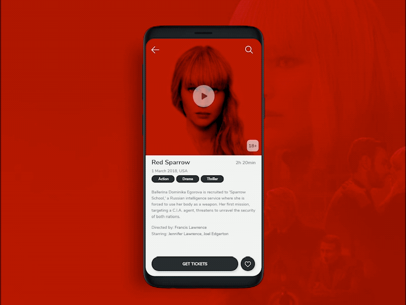 Cinema Movie Page & Tickets Purchase animation app cinema colors concept design gif mobile movie red ui ux