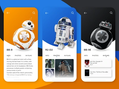 Star Wars Droids app bb 8 bb9e colors concept design droid list mobile movie r2d2 star wars ui ui ux ui design ux xd