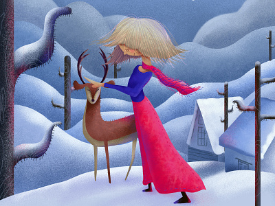 The girl and the fawn animal girl illustration nature snow