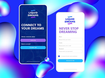 Liquid dreams app login concept app chalange daily liquid logo phone app ui