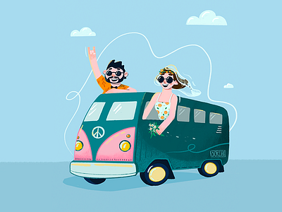 Hippie Wedding 2d art blue character couple design digital drawing flat happiness hippie illustration piece procreate rock summer travel van wedding