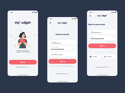 mybudget app Sign up/in Design