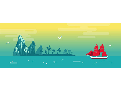 Web illustration boat colour flat illustration island palm sea seagull sky vector