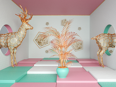 Portal 3d art artwork c4d cinema4d colorful composition cute deer illustration lowpoly pink