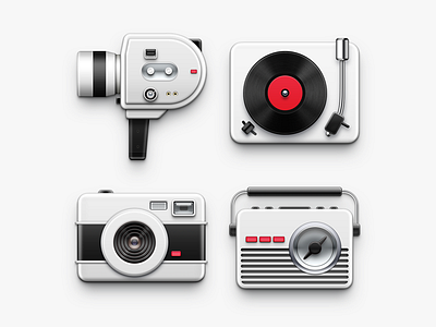 Retro Product Icons app icon camera camera lens classic handheld video recorder mac icon macos icon osx icon music player radio realistic retro sandor skeu skeuomorph skeuomorphism turntable ui icon user interface icon ux icon video vinyl vinyl record player