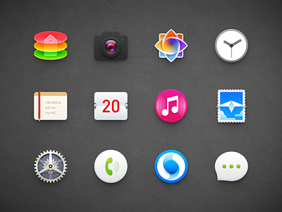 OS Icons album gallery photo app icon browser calendar camera camera lens clock mac icon macos icon osx icon mail email e mail music phone icon message icon realistic sandor setting skeu skeuomorph skeuomorphism stamp store ui icon user interface icon ux icon