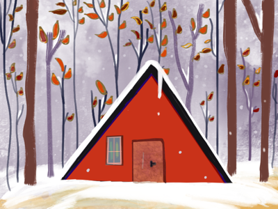Cabin in woods artistically cabin clean colors door forest illustration red sky snow winters woods