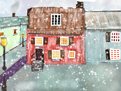 Snow in town color palette colors illustration scene sky snow street town village winter