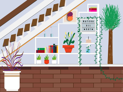Plants at my entry way woodfloor concept stairway entryway room books coffee colorpalette plants color clean minimal website web vector ui design illustration