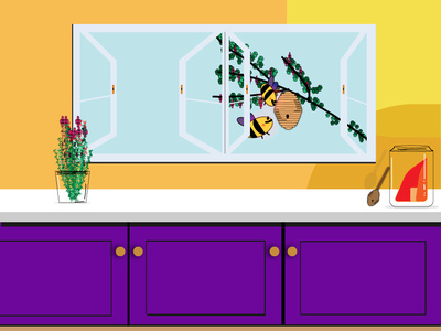 Honey bee outside the window. clean color colorpalette colors concept design flowers home honey honeybee honeycomb illustration jar kitchen kitchengarden minimal plants trees vase window