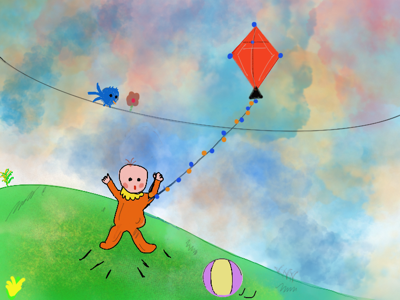 Kite flying baby ball bird clean clouds illustration image kite play area