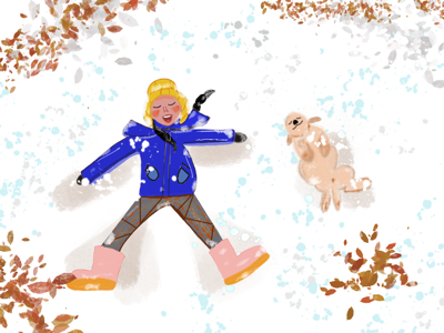 Fun in snow. blue color colorful dog fun girl illustration snow snow day white winter winters