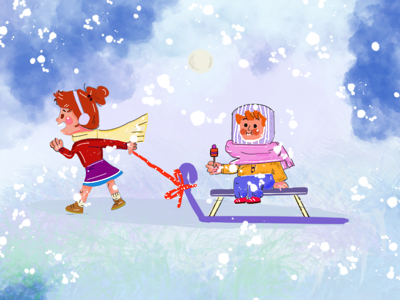 Playing clouds colors fun girls illustration outdoor play sledging snow snowboarding winters