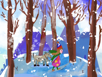 Winter walk abstract blue colors girl holidays illustration mountain new years palette travel walk winter
