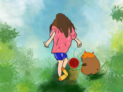 Girl with her cat ball cat colors girl green illustration kid outdoors park play playing walk