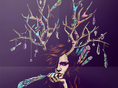 Wiccarious Art print antlers colors drawing girl hipster illustration