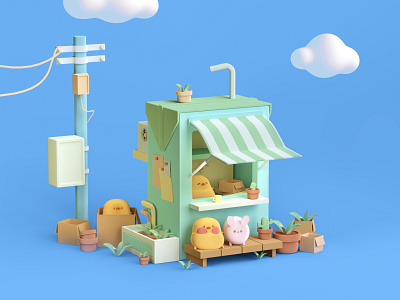 box house 3d character design illustration style