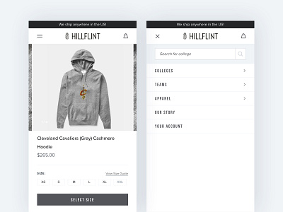 Hillflint design ecommerce mobile nav product page shopify shopping sports ui