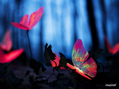 Glowing insects in the night forest