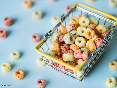 Cereal in a shopping basket basket blue cornflakes mini shopping snack sweet