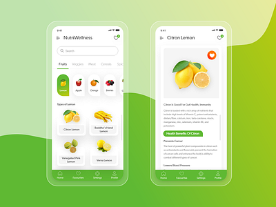 NutriWellness - An app to know about the Nutritions in our food colors fruits health healthyapp lemon material design minimalist mobile ui mobileapp natural nutrition nutrition app types of lemon uses ui ui design uiux