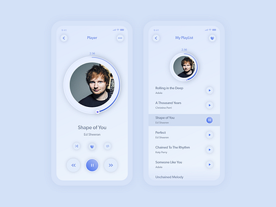 Music Player mobile app in lighter theme clean ui minimalist mobile ui music music app music player neumorphic design neumorphism soft ui