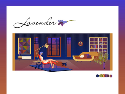 Interior "Lavender" blue evening flat girl illustration interior