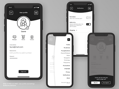 User profile and Settings - Daily UI #006 & #007 black white circles daily ui dailyui figma figma design minimalist mobile app mobile design overlay product design rounded settings sign out ui user profile